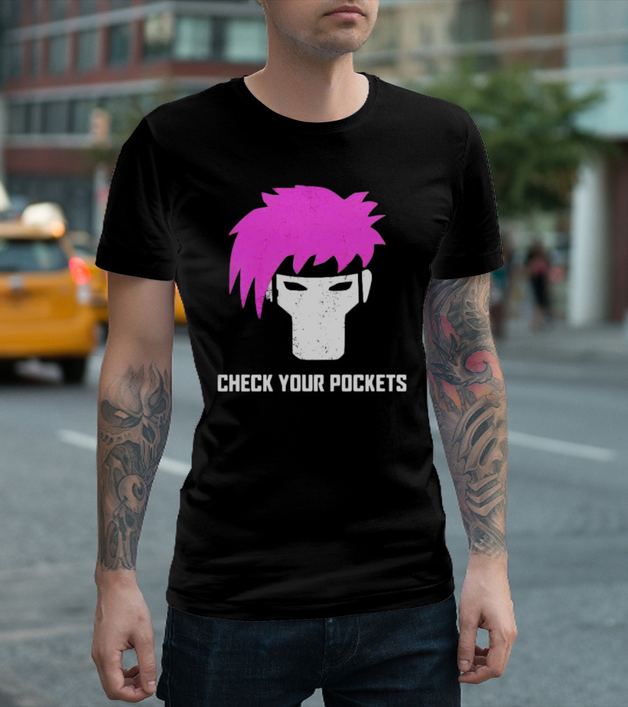 Check Your Pockets Pink Hair Masked Face T-Shirt