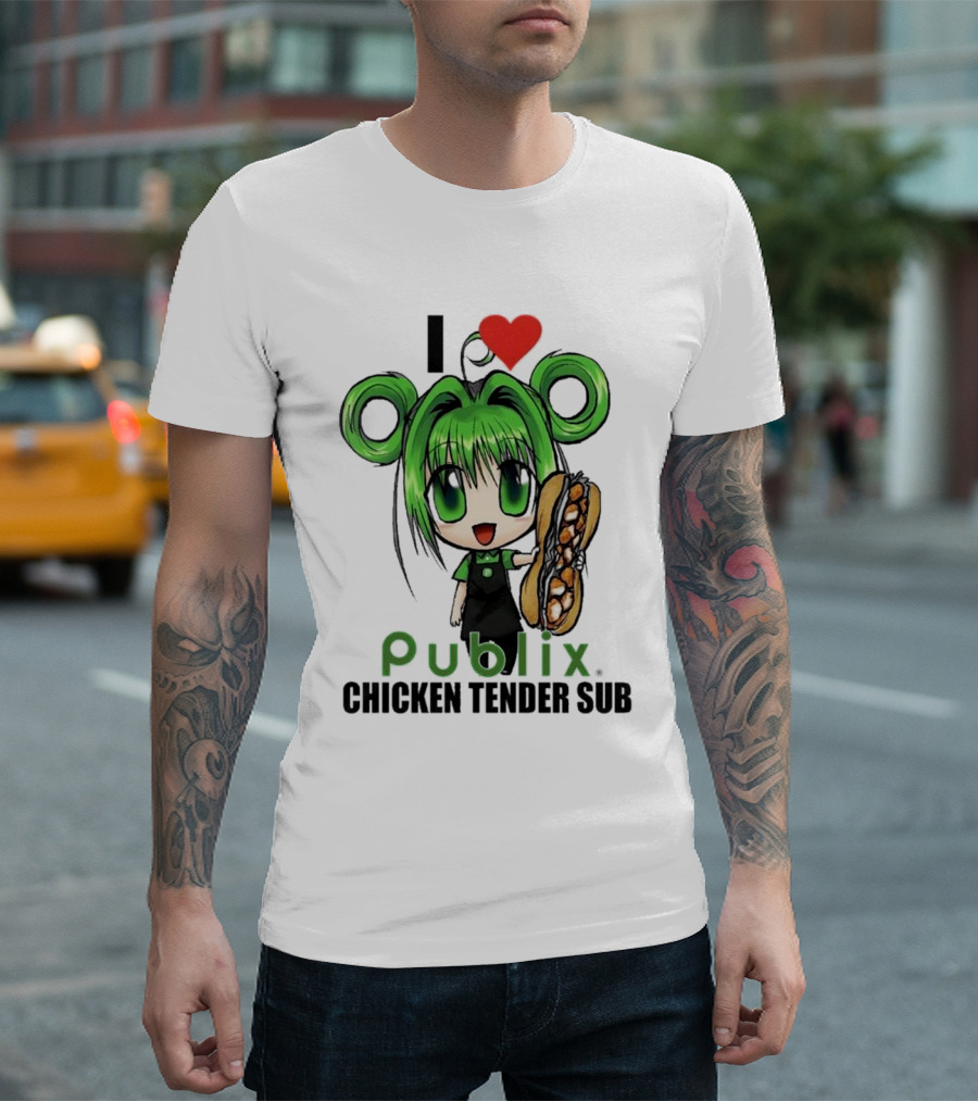 I Love Publix Chicken Tender Sub Anime Character with Green Hair and Big Sandwich T-Shirt