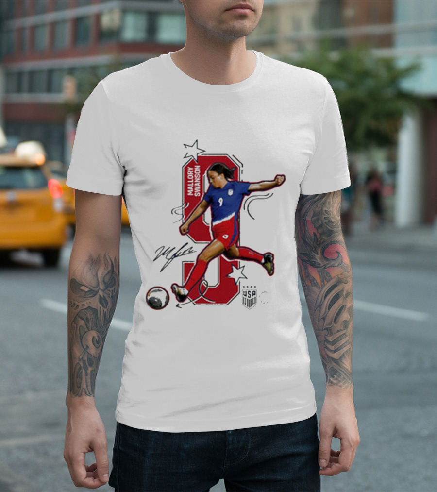 Mallory Swanson Number 9 USWNT Signature Red And Blue Player Action T-Shirt