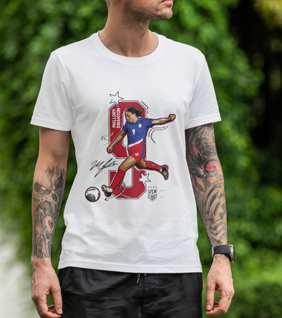 Mallory Swanson Number 9 USWNT Signature Red And Blue Player Action T-Shirt