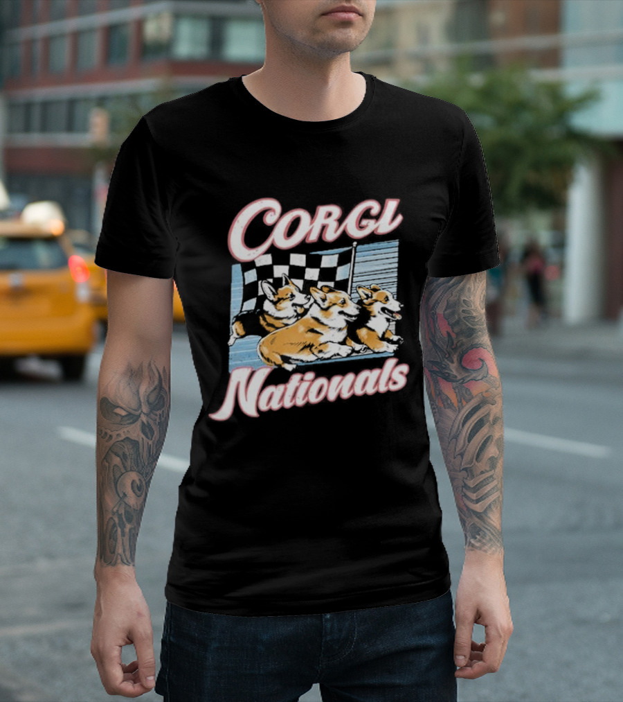 Corgi Nationals Racing Dogs with Checkered Flag T-Shirt
