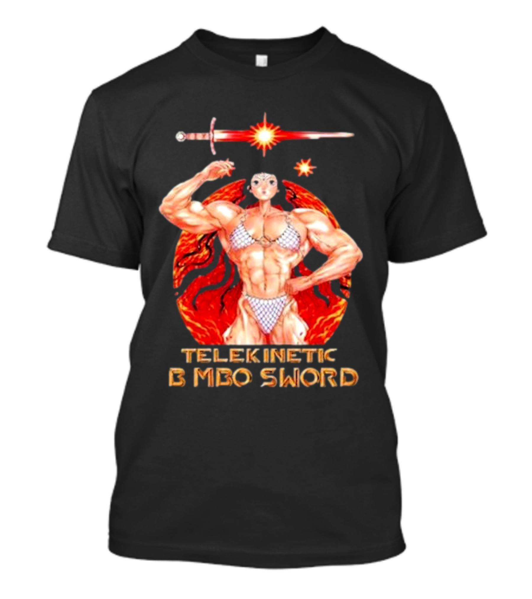 Reweki Telekinetic Bimbo Sword Muscle Warrior With Flaming Background T-Shirt