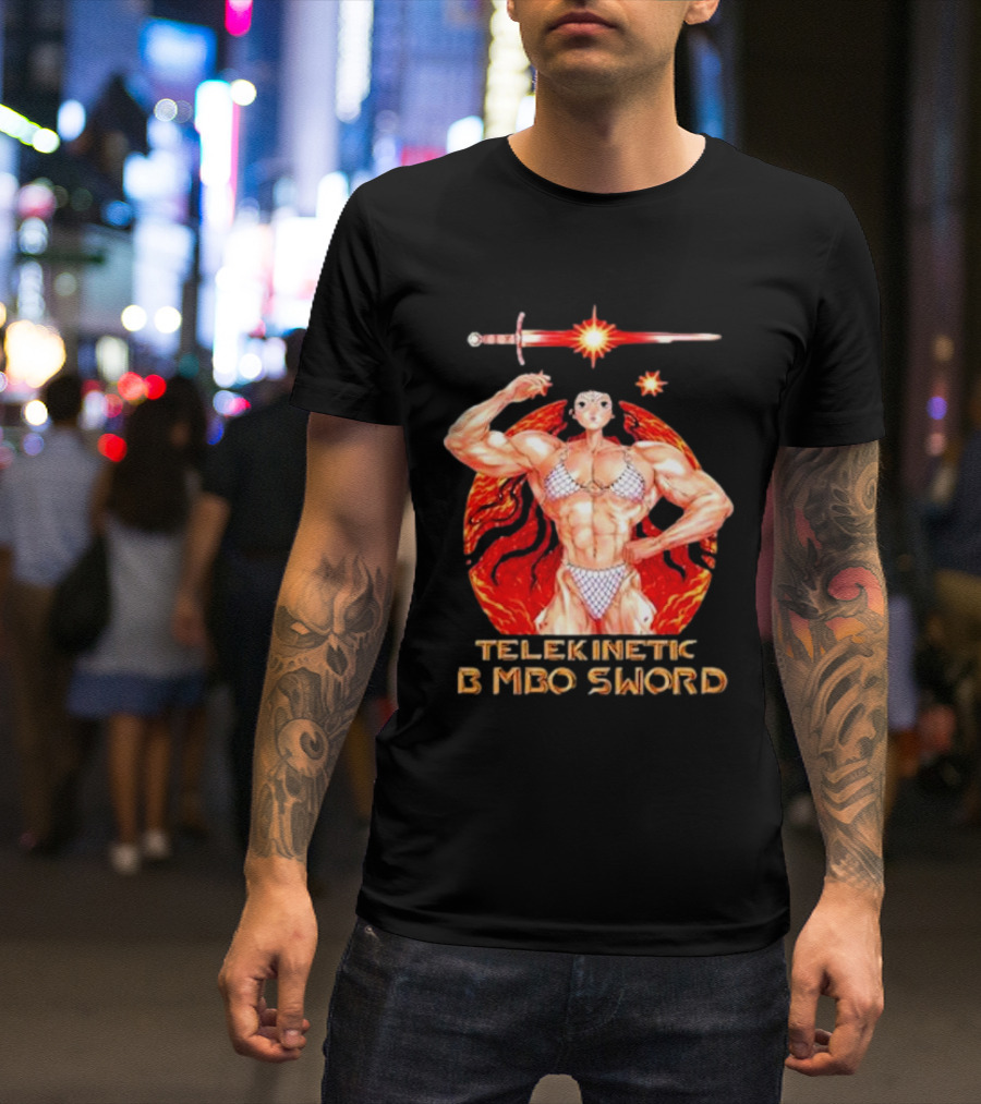Reweki Telekinetic Bimbo Sword Muscle Warrior With Flaming Background T-Shirt