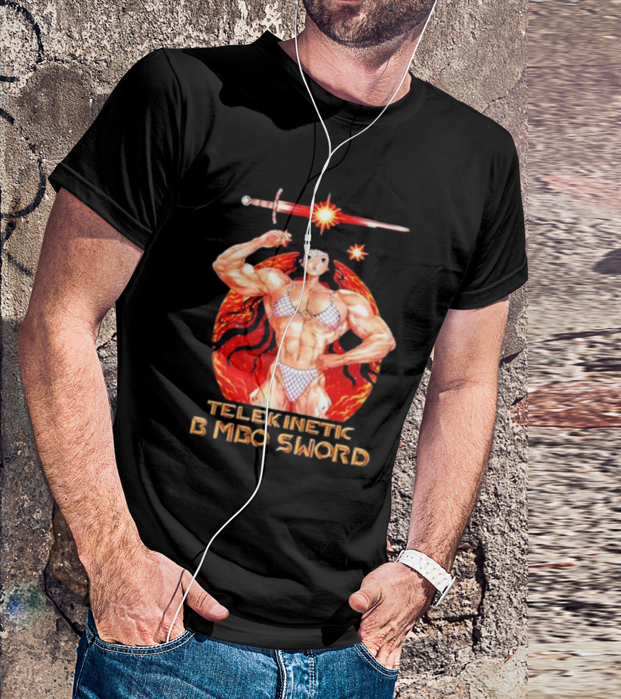 Reweki Telekinetic Bimbo Sword Muscle Warrior With Flaming Background T-Shirt