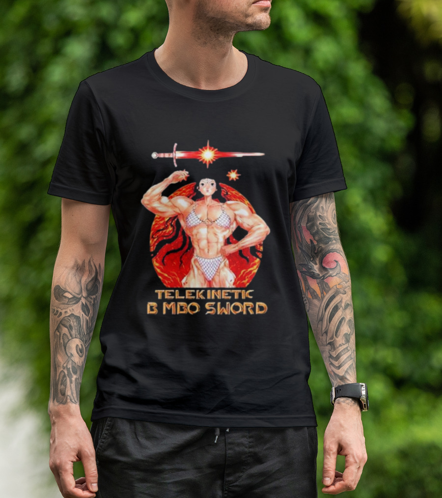 Reweki Telekinetic Bimbo Sword Muscle Warrior With Flaming Background T-Shirt