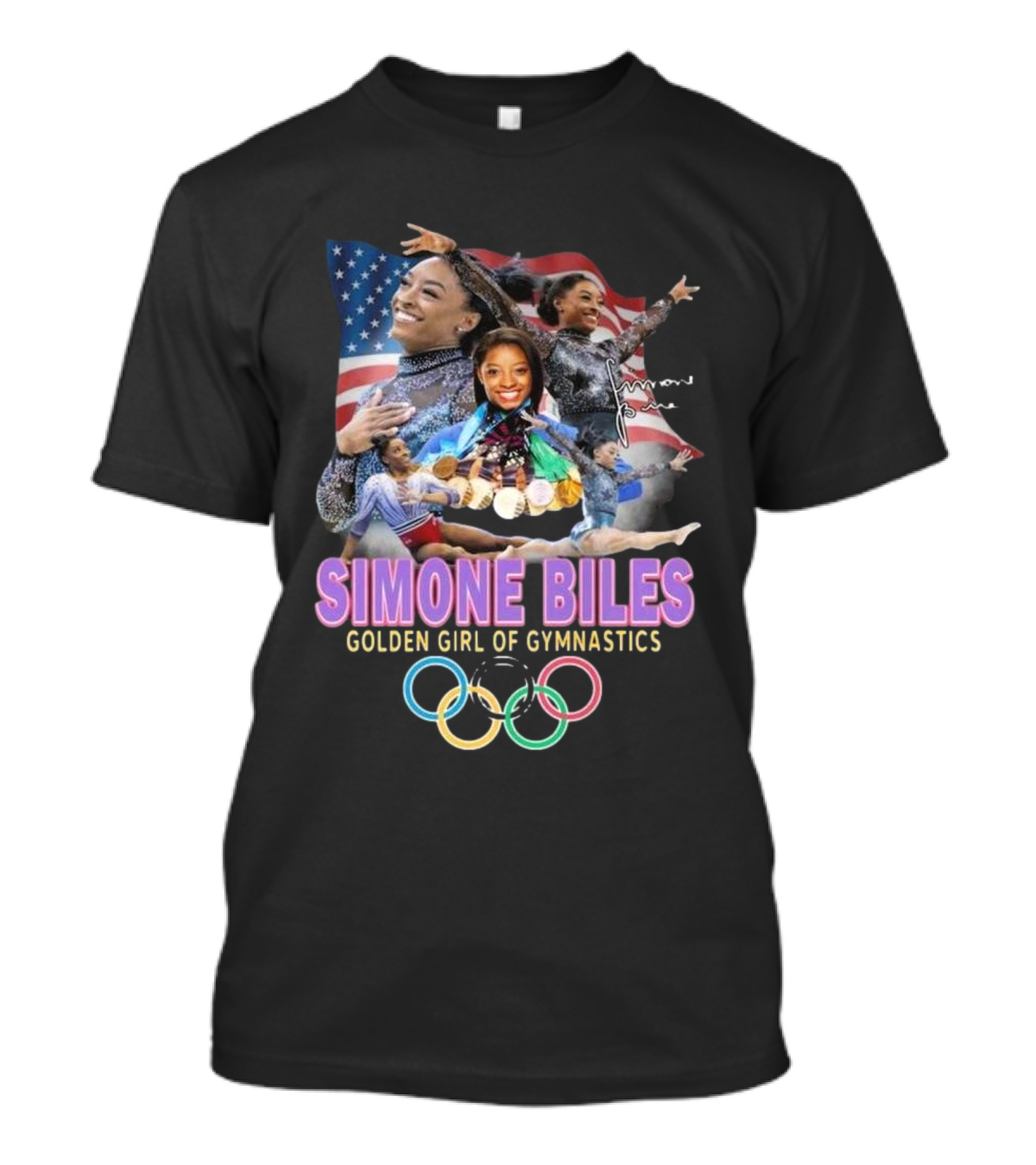 Simone Biles Golden Girl Of Gymnastics Olympic 2024 Signature USA Flag Medals Rings T-Shirt