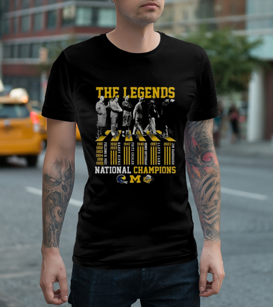 The Legends Michigan Wolverines National Champions Signatures Abbey Road Fielding Yost Harry Kipke Fritz Crisler Bennie Oosterbaan Lloyd Carr Jim Harbaugh T-Shirt