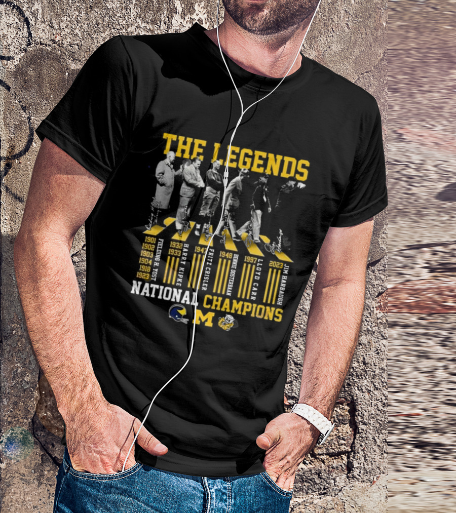 The Legends Michigan Wolverines National Champions Signatures Abbey Road Fielding Yost Harry Kipke Fritz Crisler Bennie Oosterbaan Lloyd Carr Jim Harbaugh T-Shirt