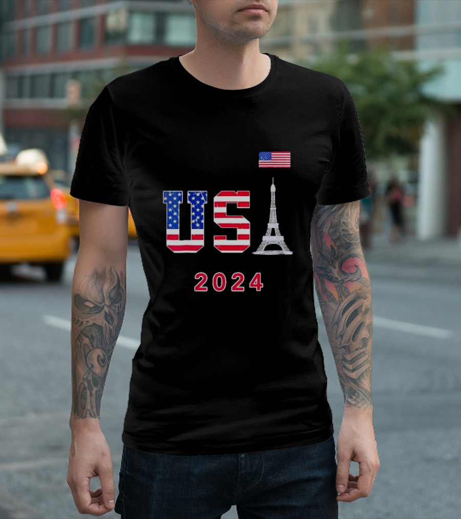 USA 2024 Go United States Sport Team Eiffel Tower Flag Supporter T-Shirt