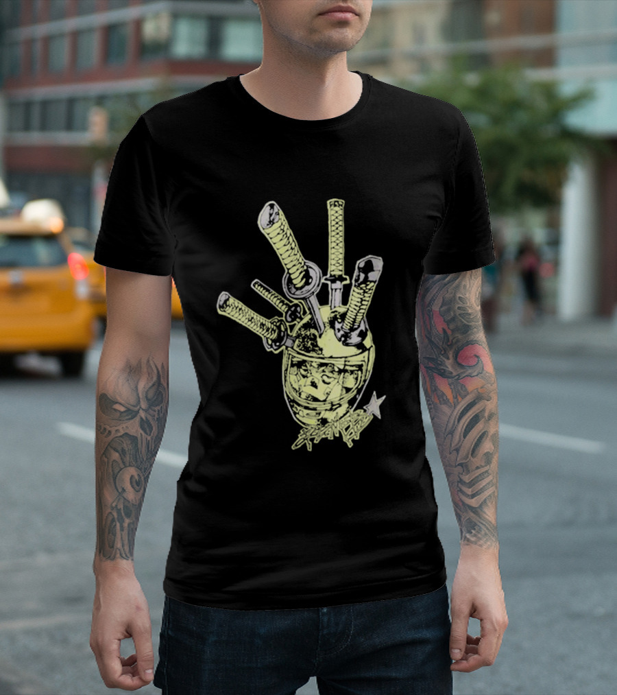 Oremob Katana Helmet Graphic With Star And Japanese Characters T-Shirt