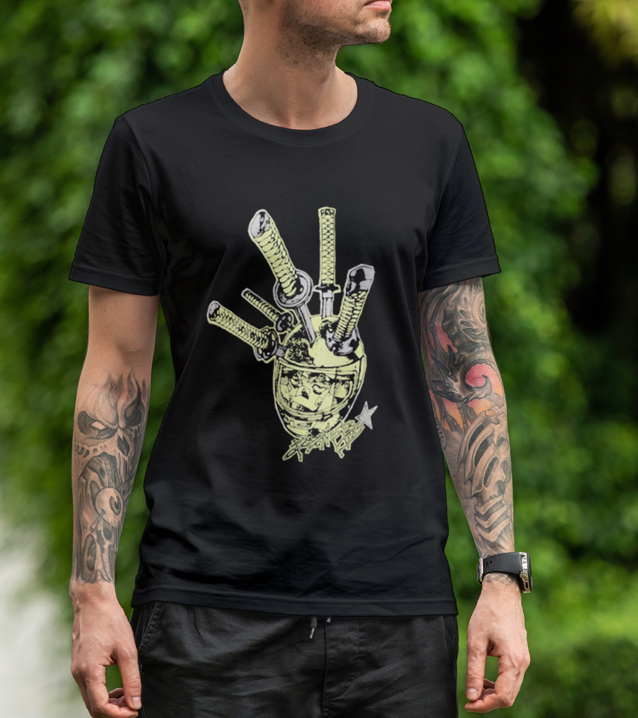 Oremob Katana Helmet Graphic With Star And Japanese Characters T-Shirt