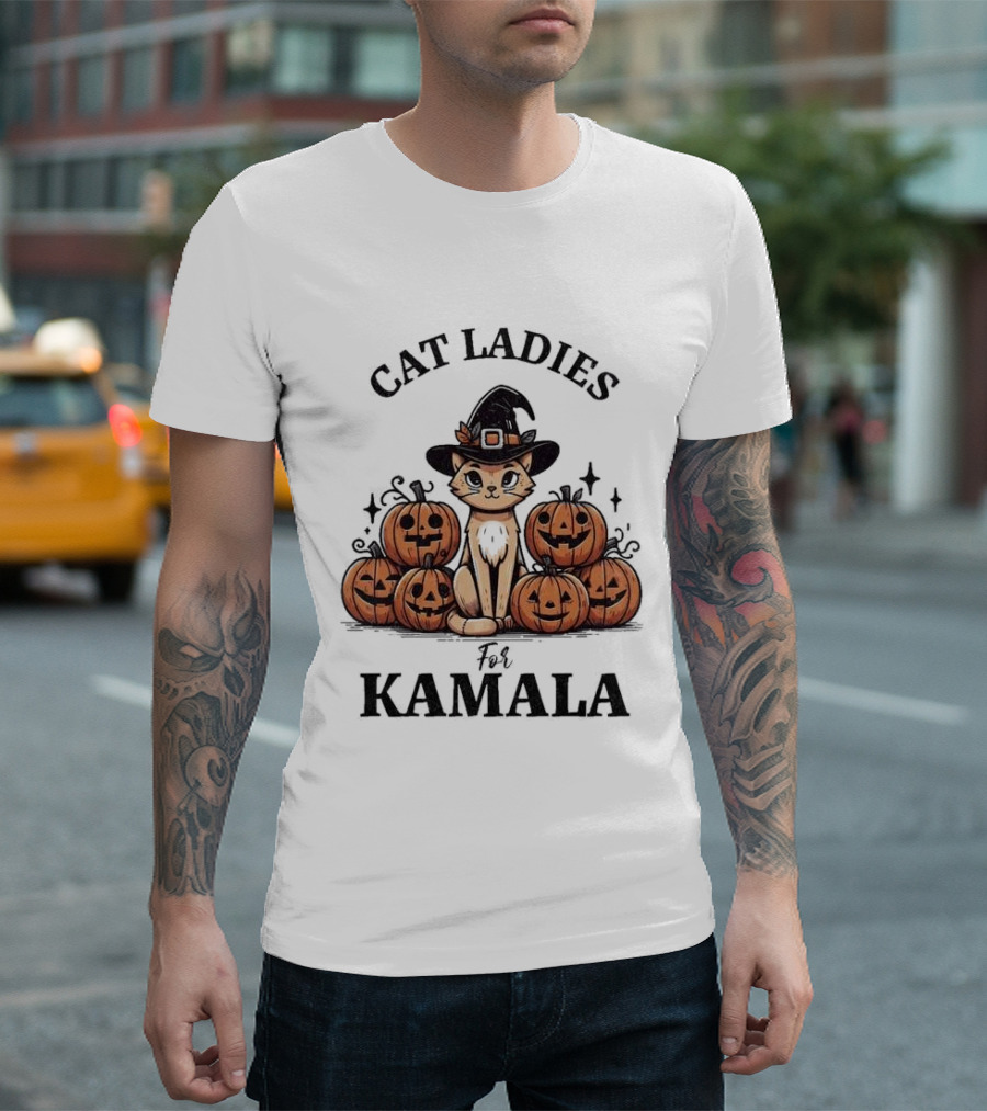 Cat Ladies For Kamala Halloween Cat Witch Pumpkins Presidential Election T-Shirt