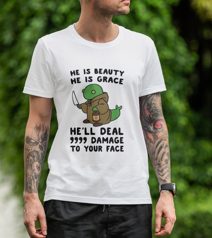 He Is Beauty He Is Grace He’ll Deal 9999 Damage To Your Face Lantern-Wielding Creature In Brown Robe With Knife T-Shirt