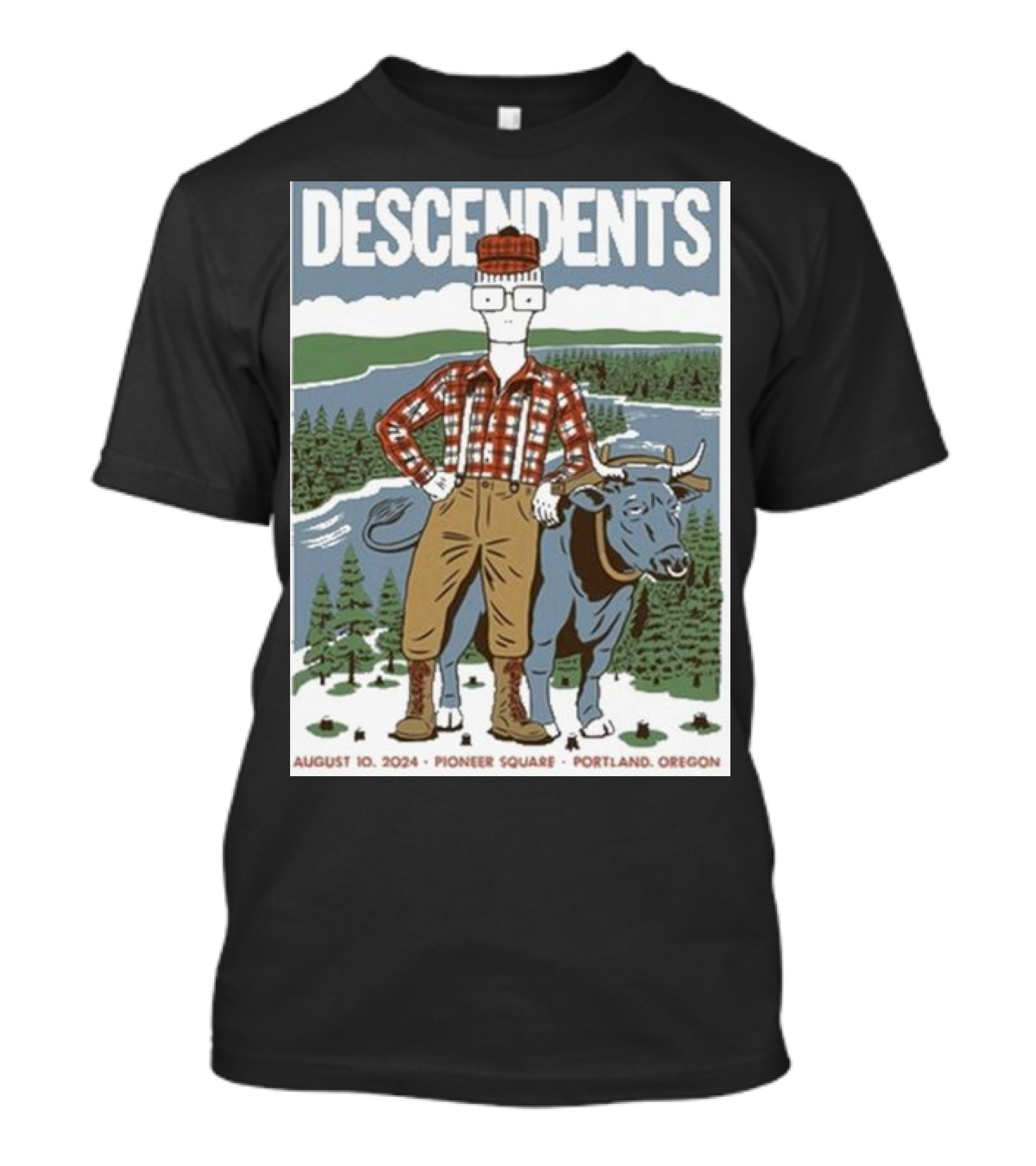 Descendents Pioneer Square Portland Oregon August 10 2024 Tour Poster Lumberjack Character And Ox T-Shirt