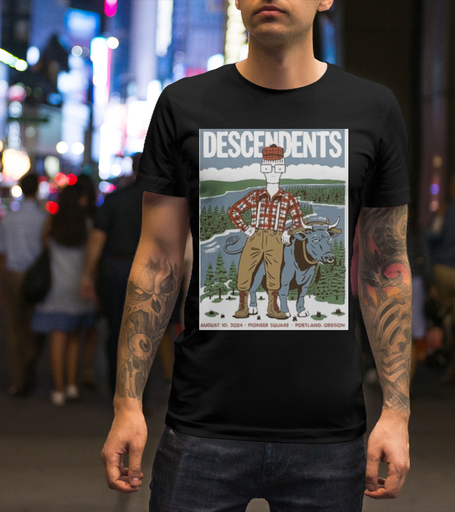 Descendents Pioneer Square Portland Oregon August 10 2024 Tour Poster Lumberjack Character And Ox T-Shirt