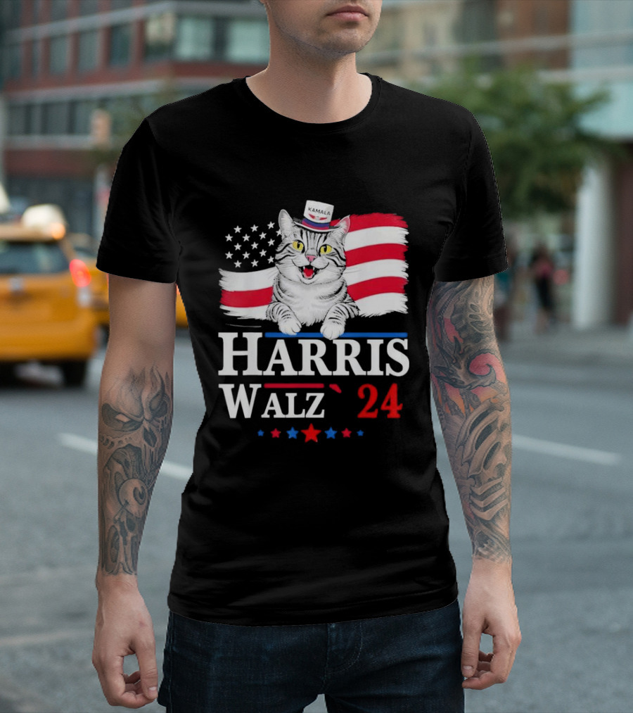Harris Walz 2024 Kamala Cat Ladies American Flag Election T-Shirt