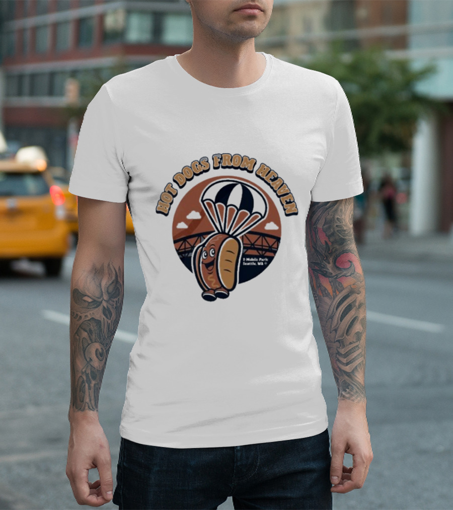 Hot Dogs From Heaven Parachuting Cartoon Bridge Scene T-Shirt