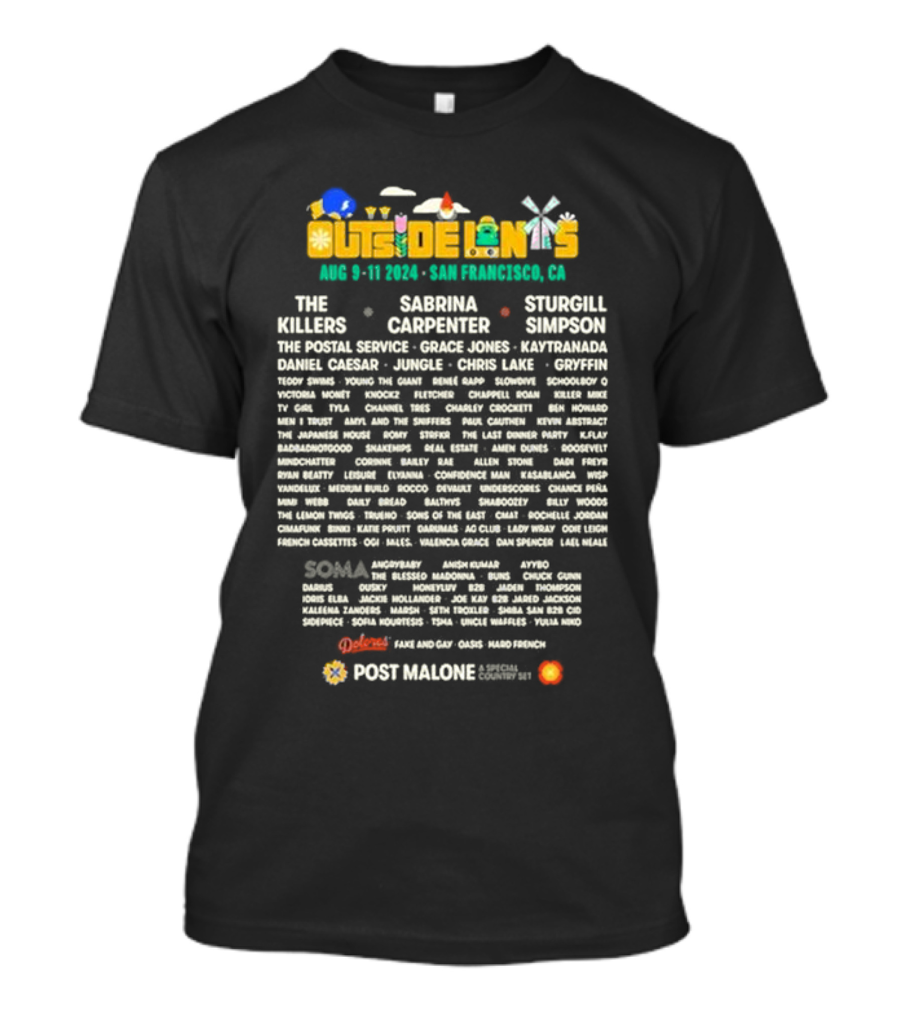 Outside Lands 2024 August 9-11 San Francisco The Killers Sabrina Carpenter Post Malone Festival Lineup T-Shirt