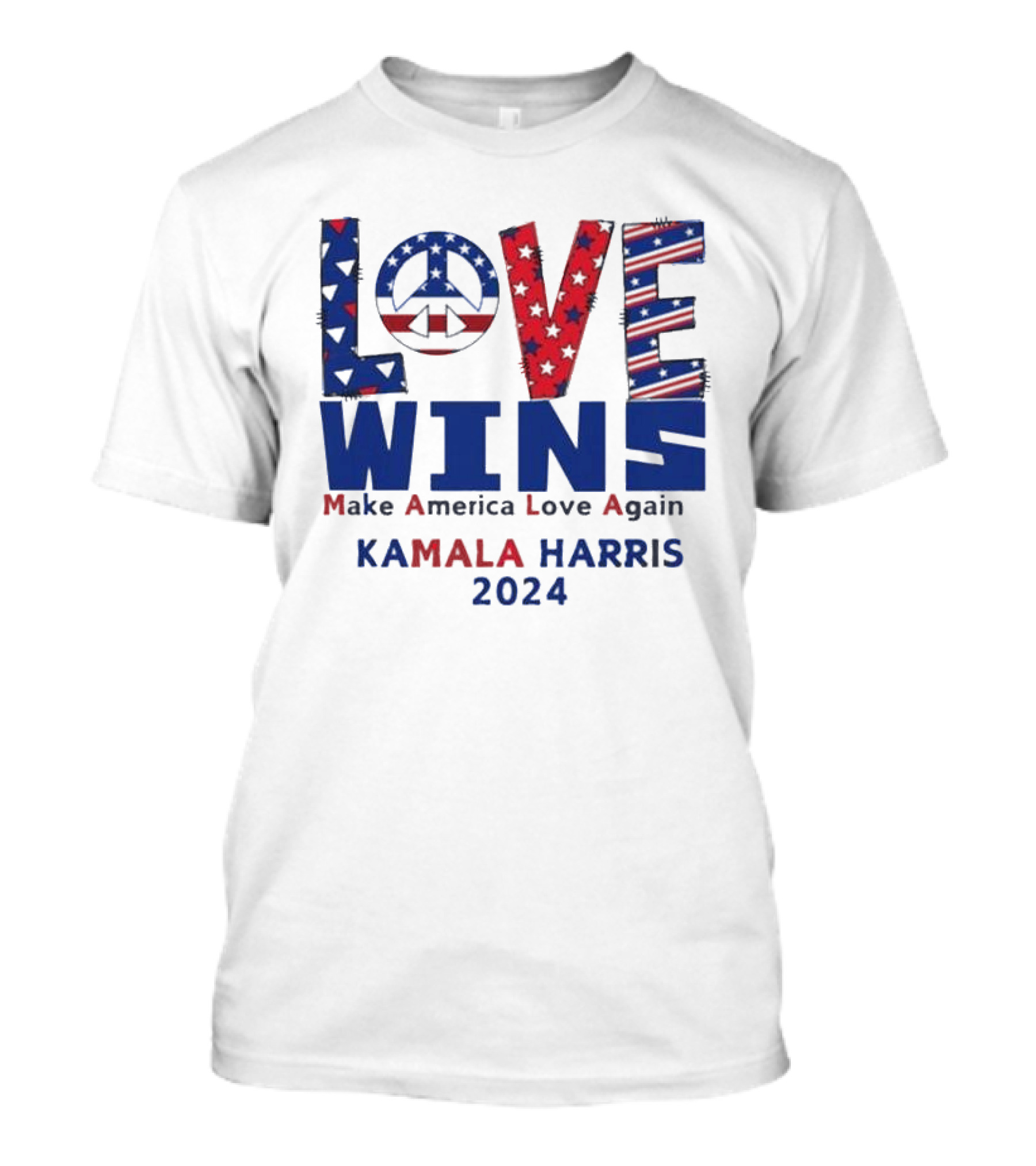 Kamala Harris 2024 Love Wins Make America Love Again Peace Symbol Patriot Stars Stripes T-Shirt