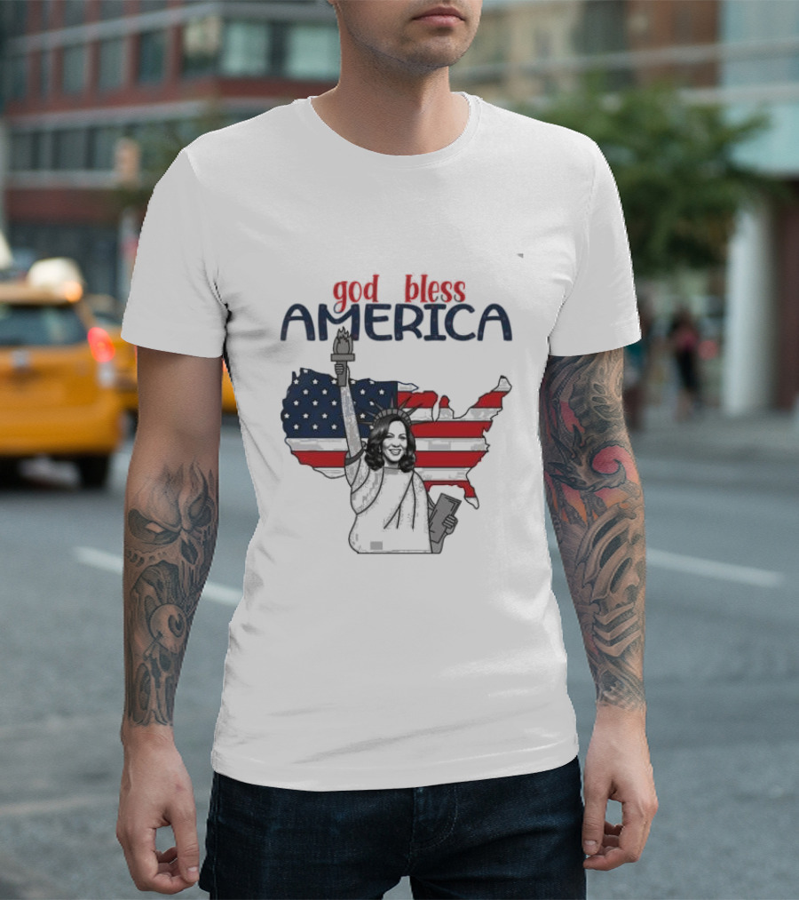 God Bless America Harris Statue Of Liberty America Map T-Shirt