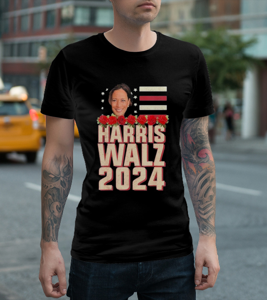 Harris Walz 2024 Campaign Stars Stripes Roses T-Shirt