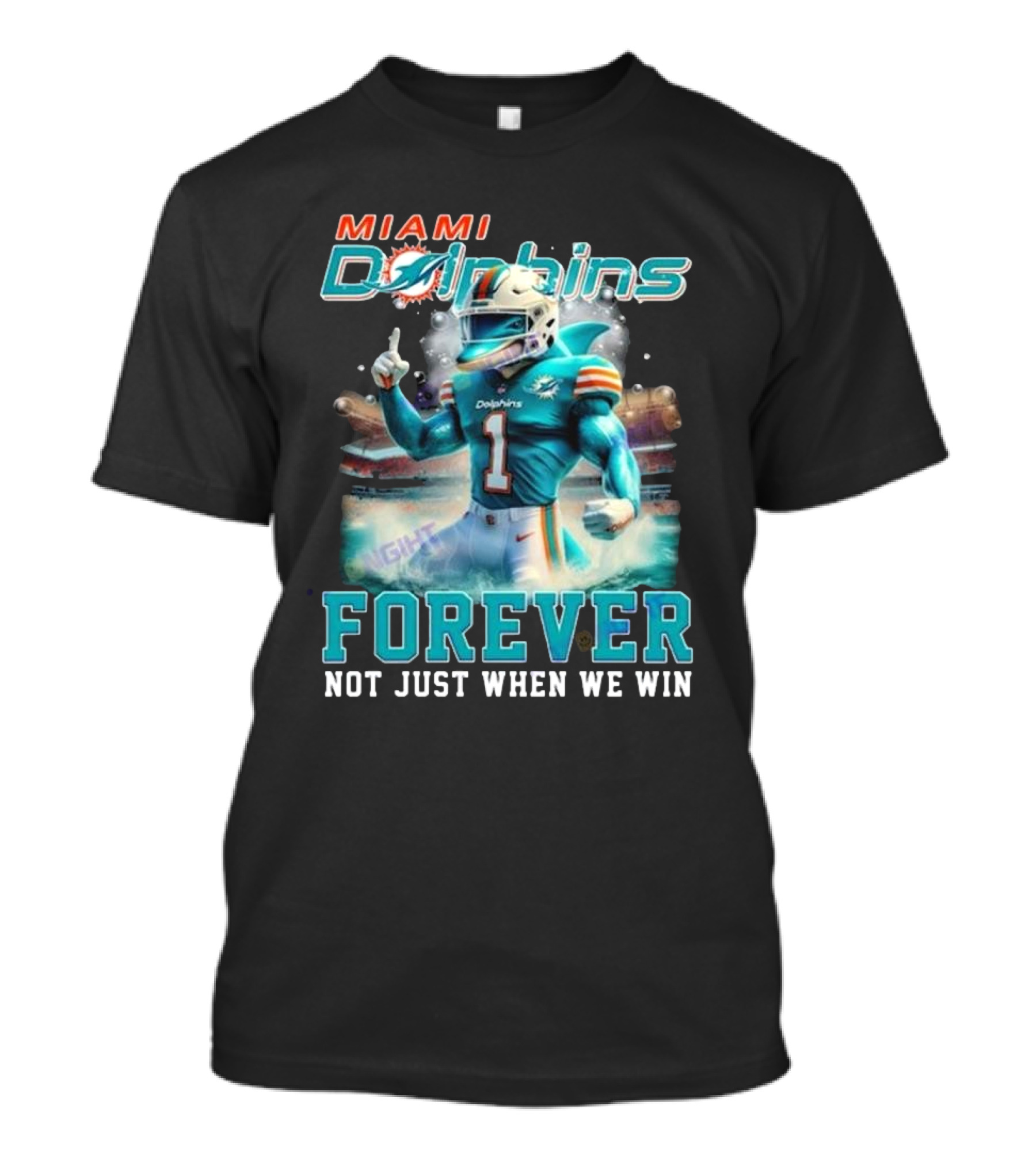 Miami Dolphins Forever Not Just When We Win 2024 Mascot Stadium Background T-Shirt
