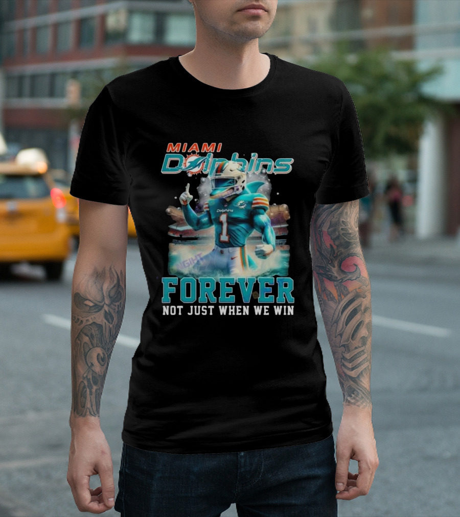 Miami Dolphins Forever Not Just When We Win 2024 Mascot Stadium Background T-Shirt