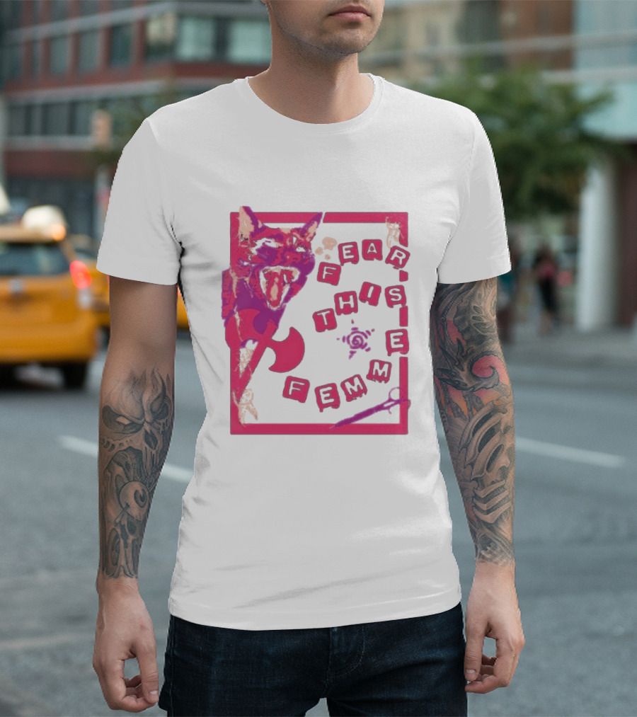 Fear This Femme Cat and Axe Retro Typography Pink Acid Wash T-Shirt