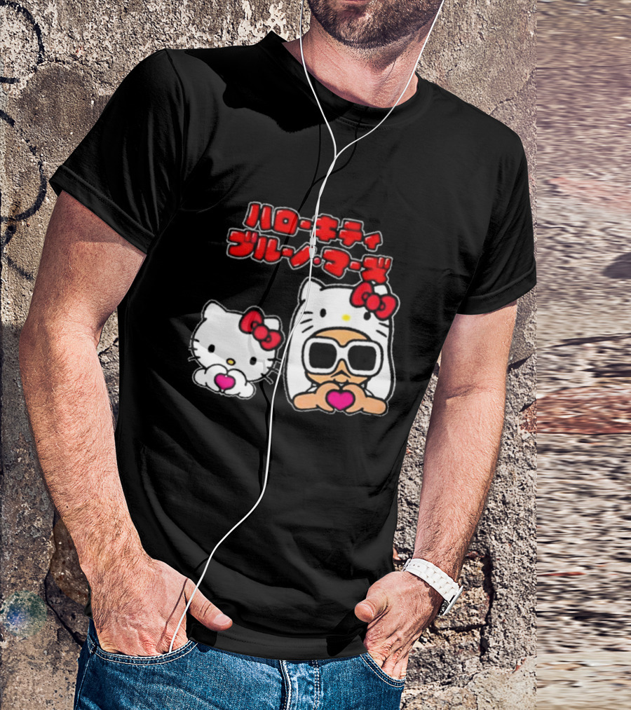 Bruno Mars X Hello Kitty Collaboration Japan Style Cute Characters With Sunglasses And Heart T-Shirt