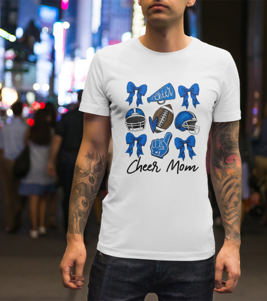 Cheer Mom Era Pom Cheer Leopard Football Coquette Bow Blue T-Shirt