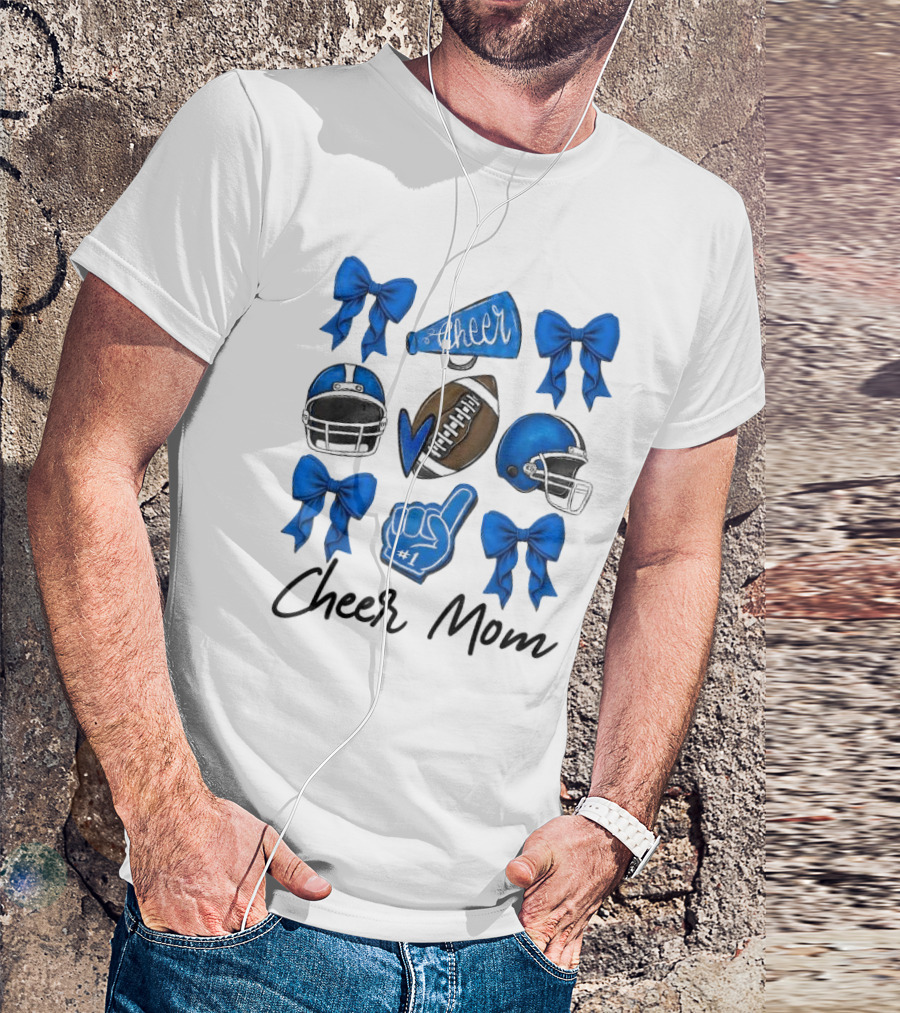 Cheer Mom Era Pom Cheer Leopard Football Coquette Bow Blue T-Shirt