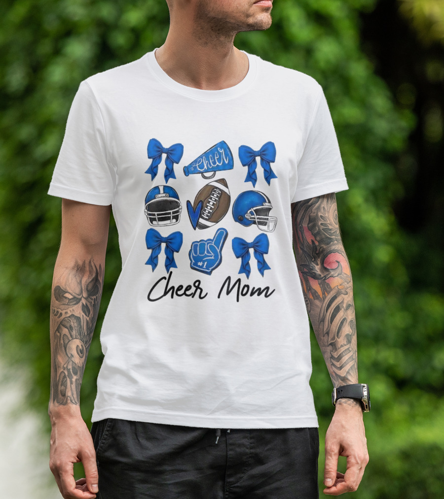 Cheer Mom Era Pom Cheer Leopard Football Coquette Bow Blue T-Shirt