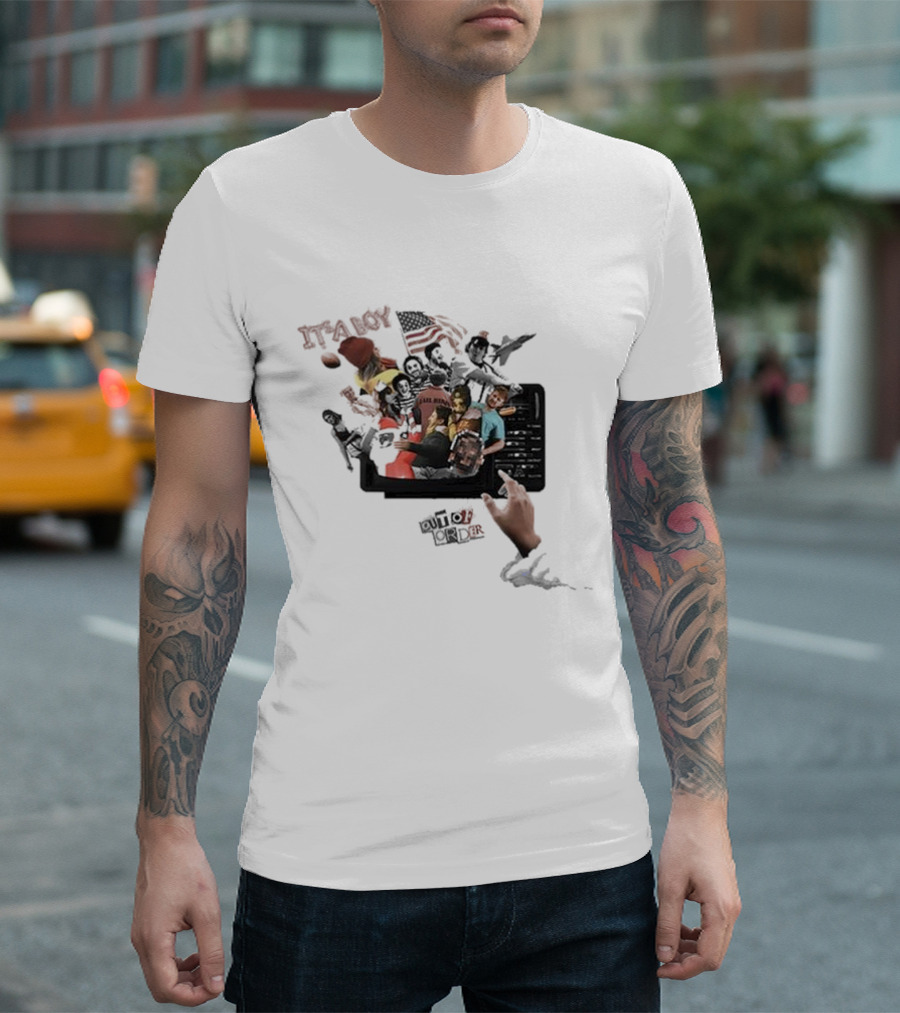 IT’S A BOY OUT OF ORDER Collage American Flag Football Icons T-Shirt