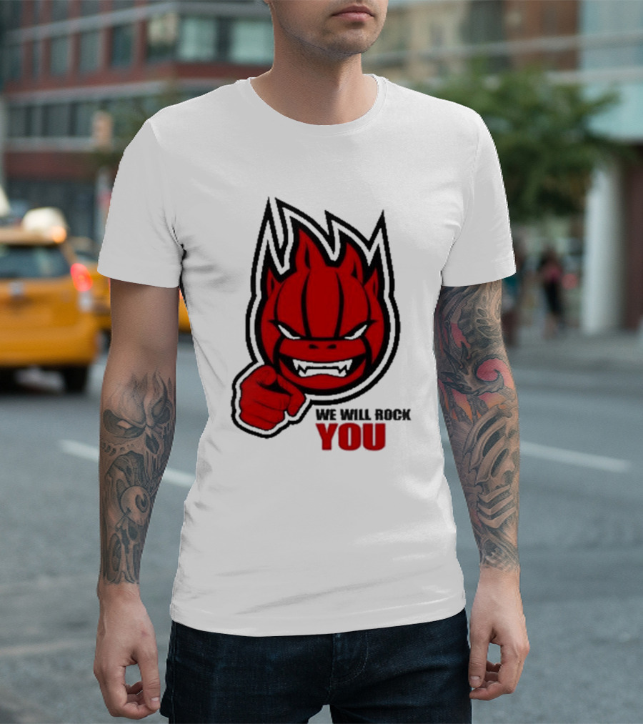 Sir Safety Perugia We Will Rock You Red Flame Character with Pointing Finger T-Shirt