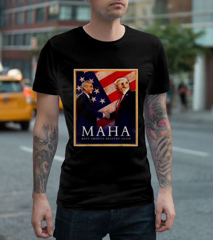 MAHA Make America Healthy Again Patriotic Handshake with Flag Background T-Shirt