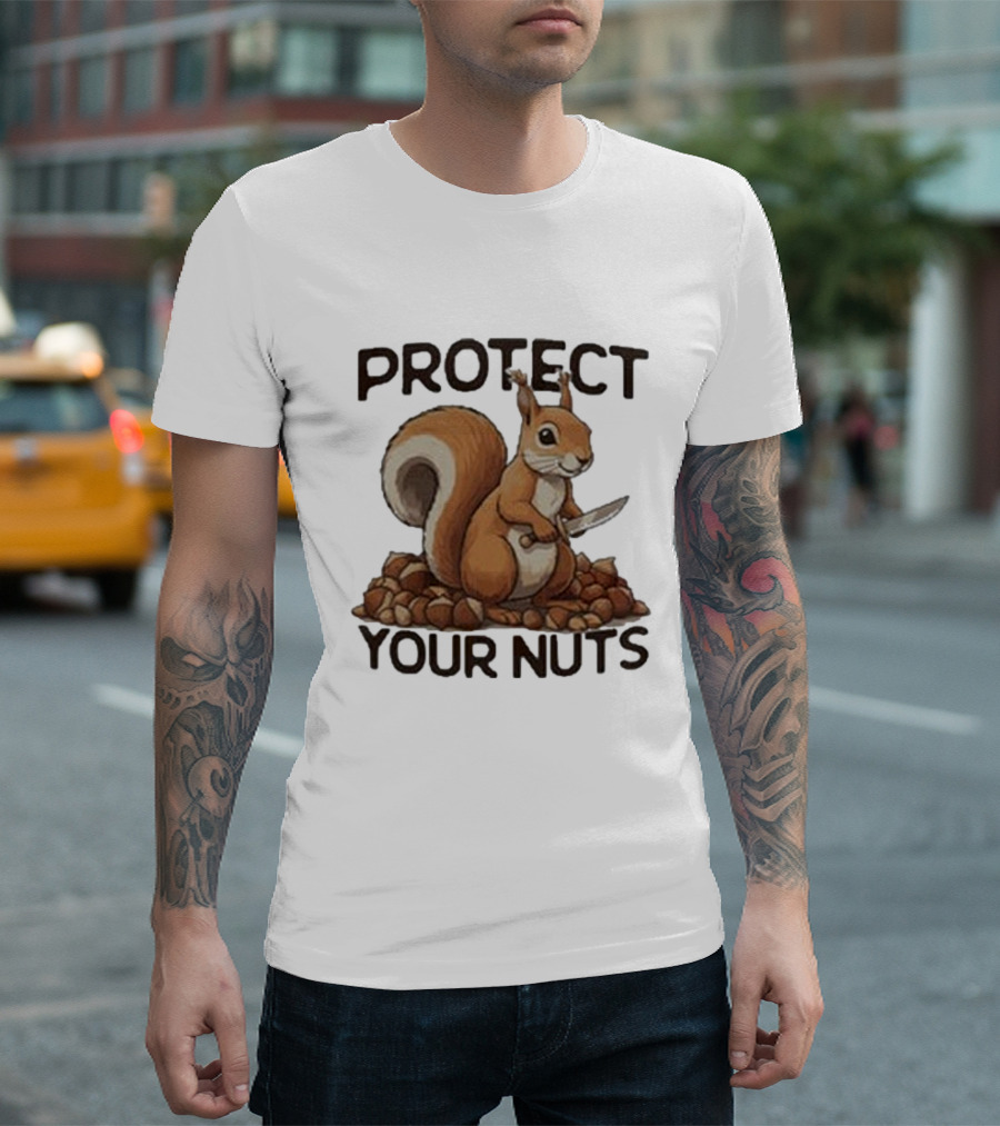 Protect Your Nuts Squirrel Holding Knife Surrounded by Nuts T-Shirt