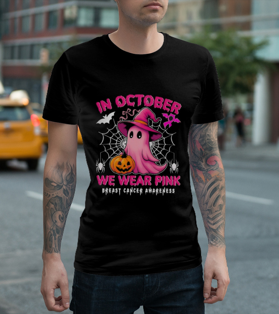 In October We Wear Pink Ghost Witch Breast Cancer Awareness Halloween Spooky T-Shirt
