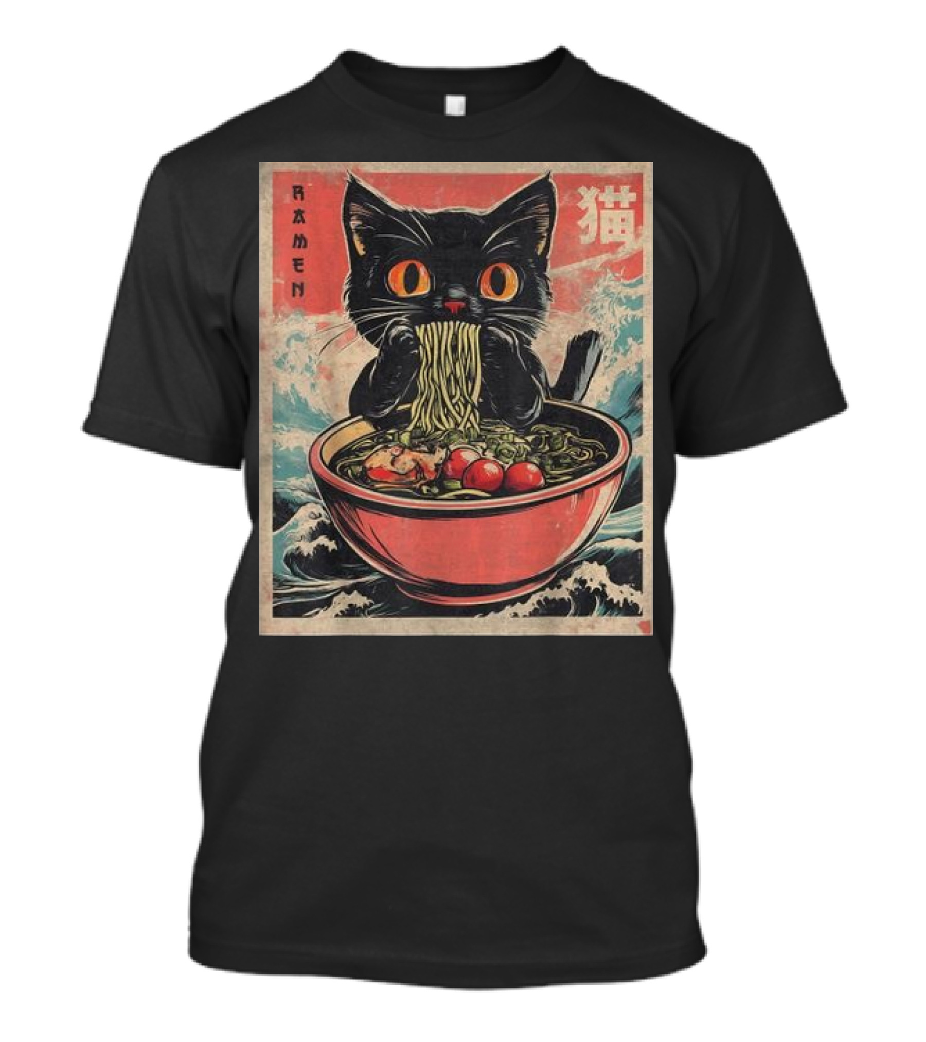 Cat Ramen Japanese Kawaii Anime With Black Cat Eating Noodles In Stormy Sea T-Shirt