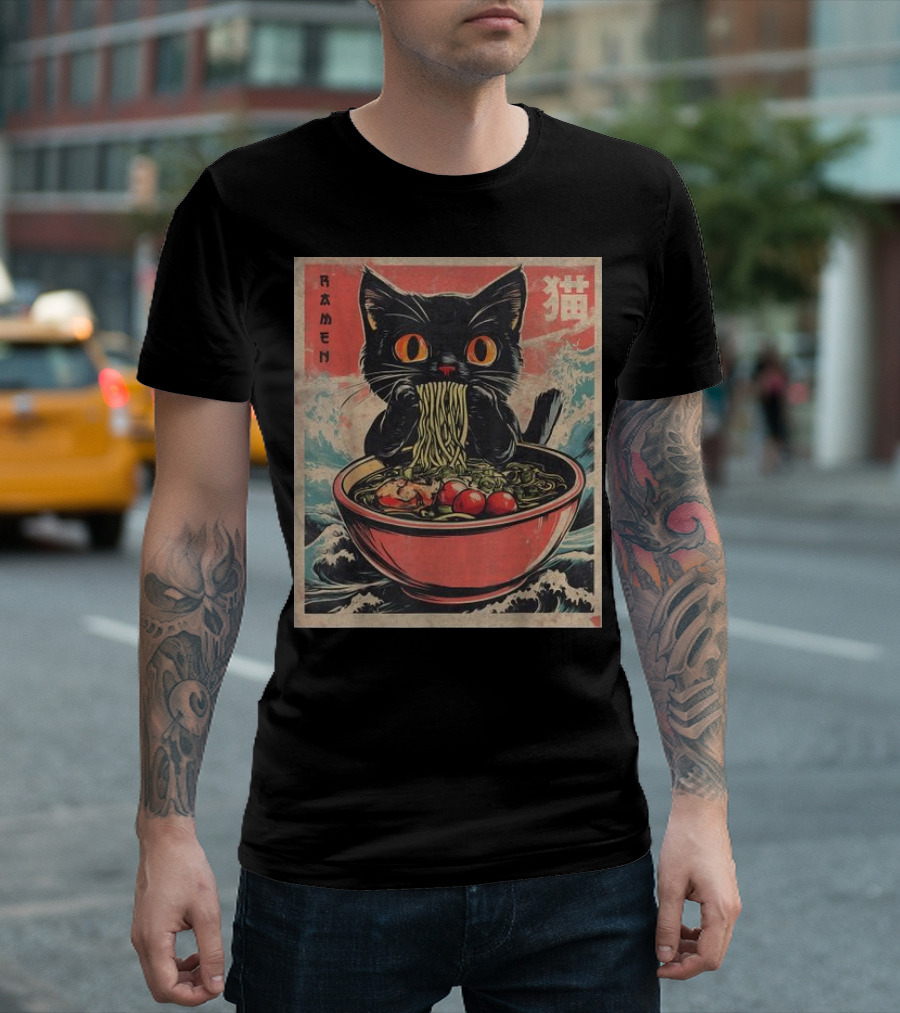 Cat Ramen Japanese Kawaii Anime With Black Cat Eating Noodles In Stormy Sea T-Shirt