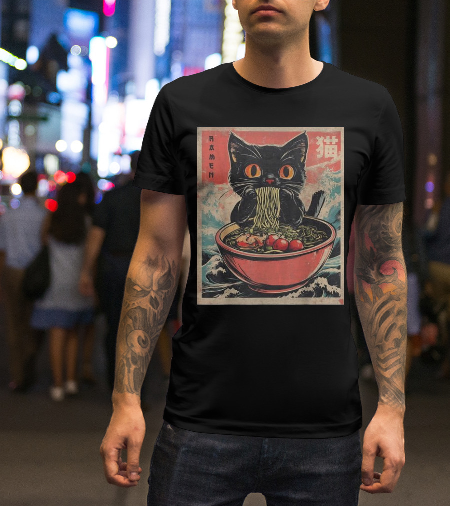 Cat Ramen Japanese Kawaii Anime With Black Cat Eating Noodles In Stormy Sea T-Shirt