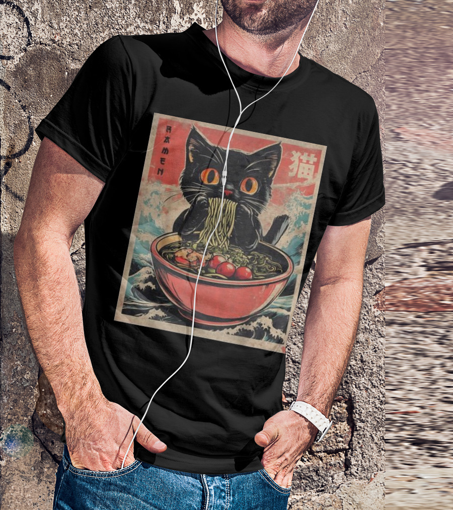 Cat Ramen Japanese Kawaii Anime With Black Cat Eating Noodles In Stormy Sea T-Shirt