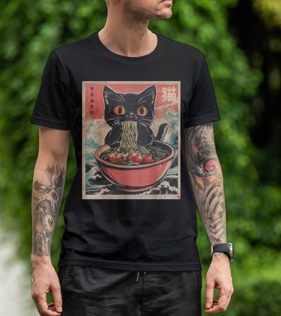 Cat Ramen Japanese Kawaii Anime With Black Cat Eating Noodles In Stormy Sea T-Shirt