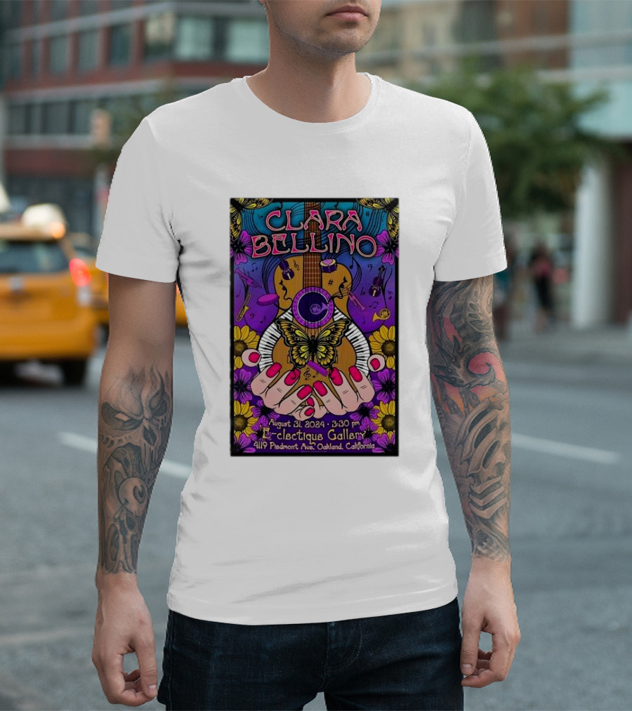 Clara Bellino August 31 2024 Eclectique Gallery Oakland California Butterfly Guitar Art Event T-Shirt