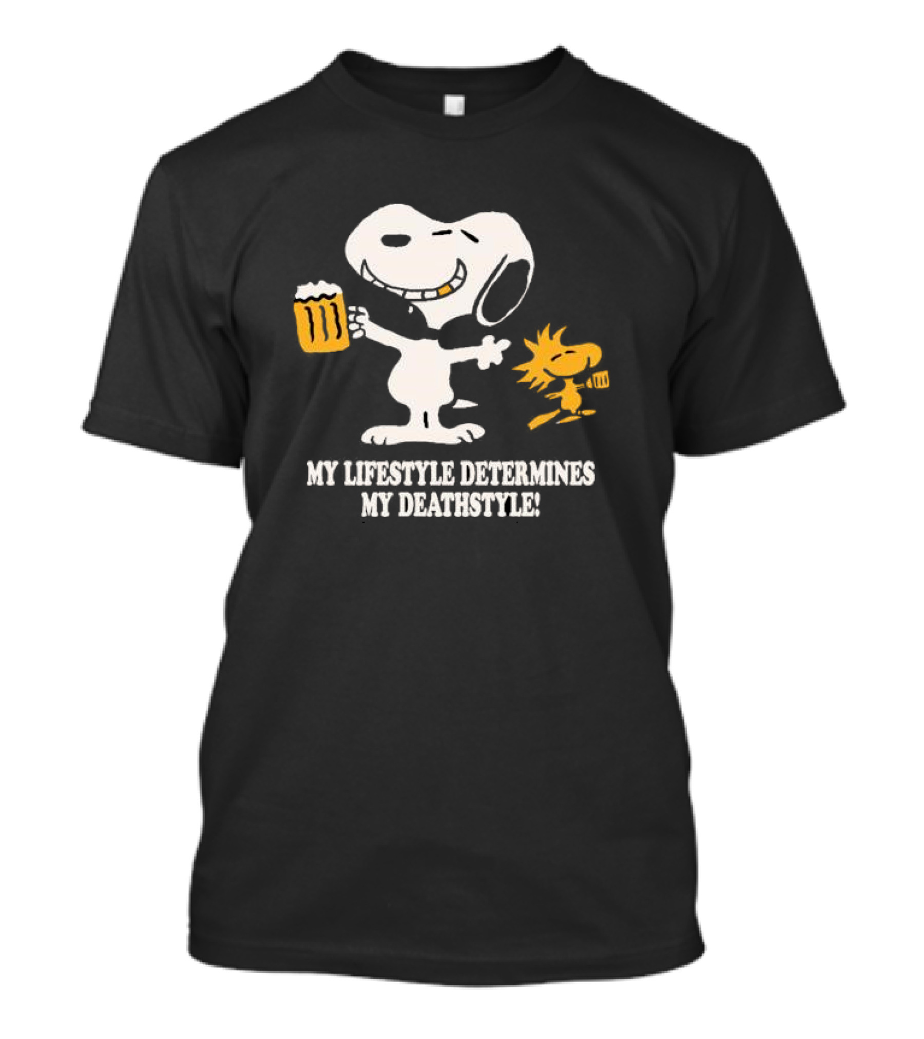 My Lifestyle Determines My Deathstyle Snoopy Woodstock Retro Comic Beer Mug T-Shirt
