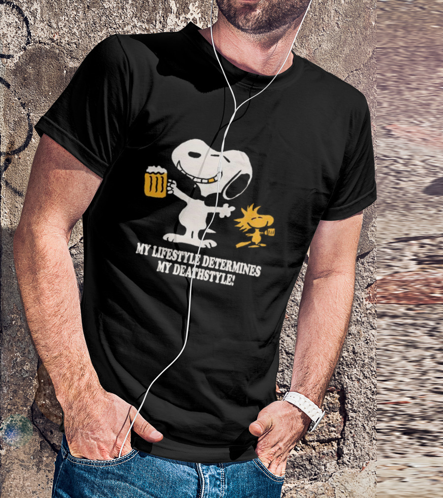 My Lifestyle Determines My Deathstyle Snoopy Woodstock Retro Comic Beer Mug T-Shirt