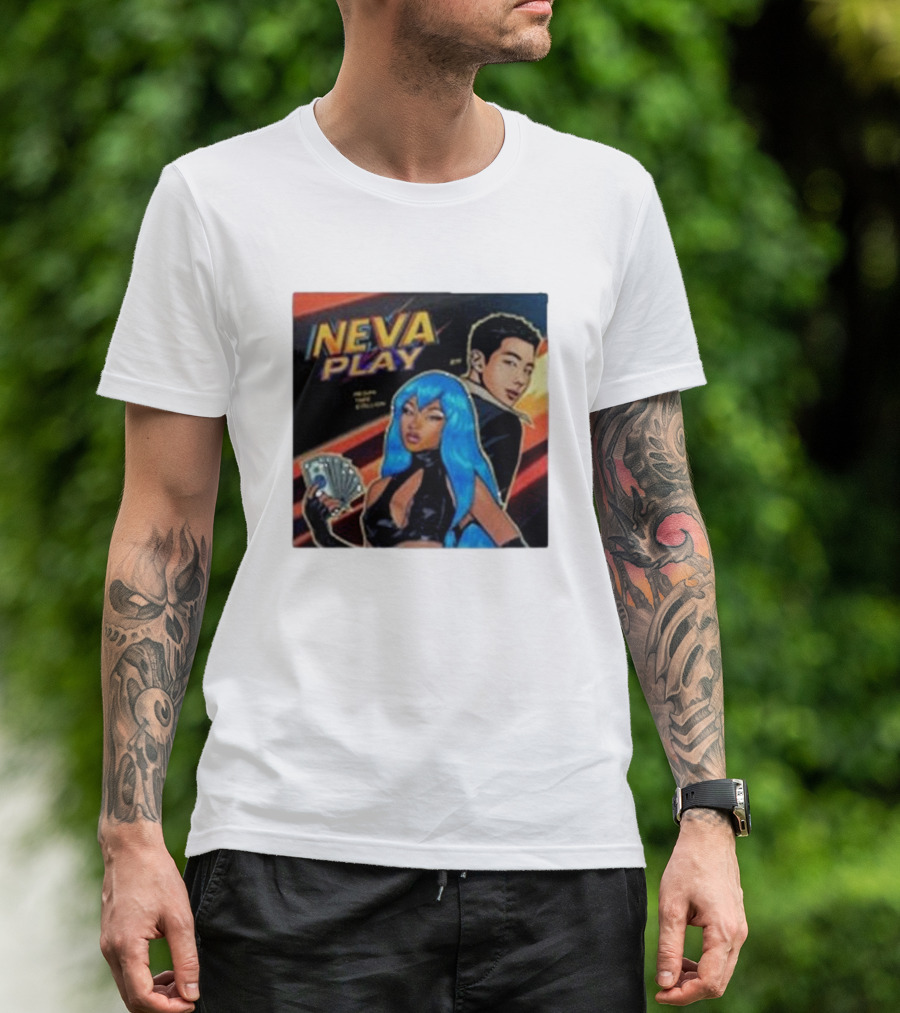 Megan Thee Stallion Neva Play Comic Style Artwork With Blue-Haired Character And Cards T-Shirt
