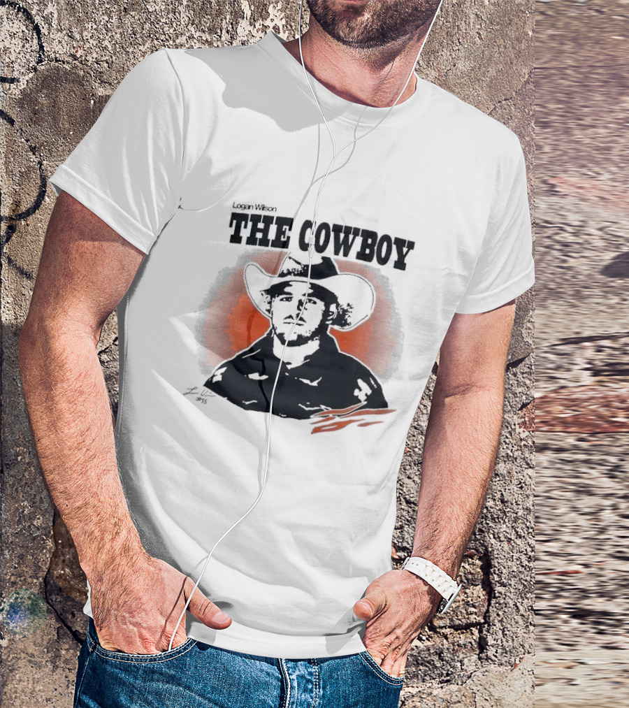 Logan Wilson The Cowboy Signature Art With Western Hat And Orange Backdrop T-Shirt