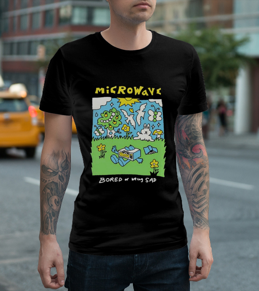 Microwave Bored of Being Sad Colorful Cartoon Landscape with Sun and Bunny T-Shirt