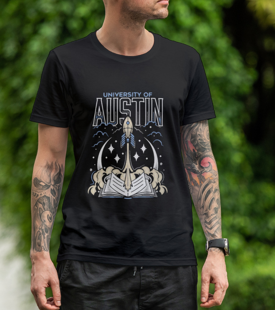 University Of Austin Rocket Book Imagery With Stars And Clouds T-Shirt