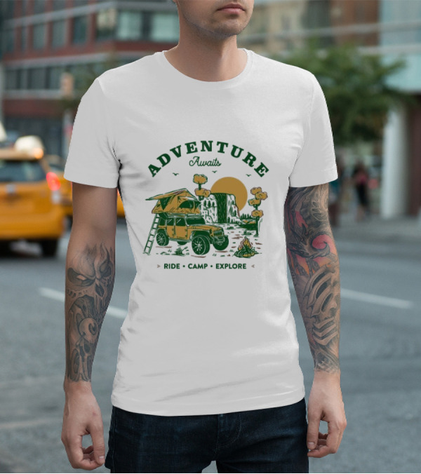 Adventure Awaits Ride Camp Explore Jeep Camping Scene T-Shirt